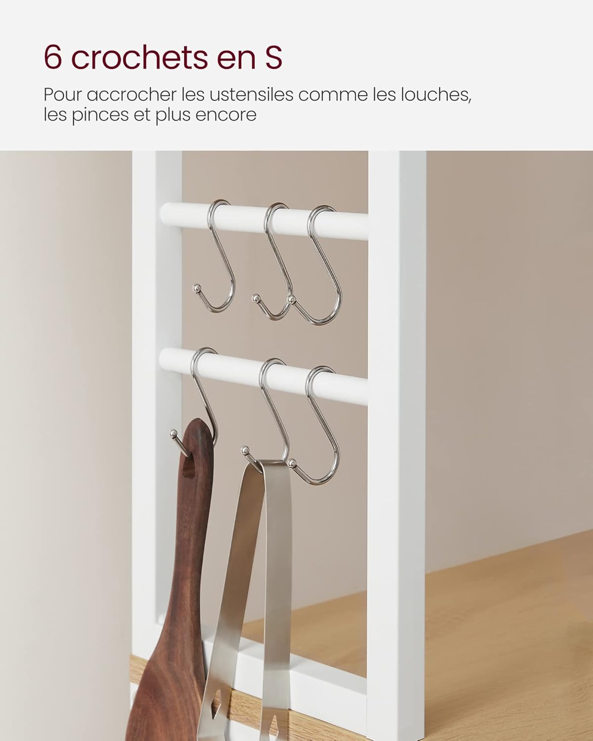 VASAGLE - étagère cuisine industrielle, 40x80x167cm, 6 niveaux, 6 crochets, KKS019W09