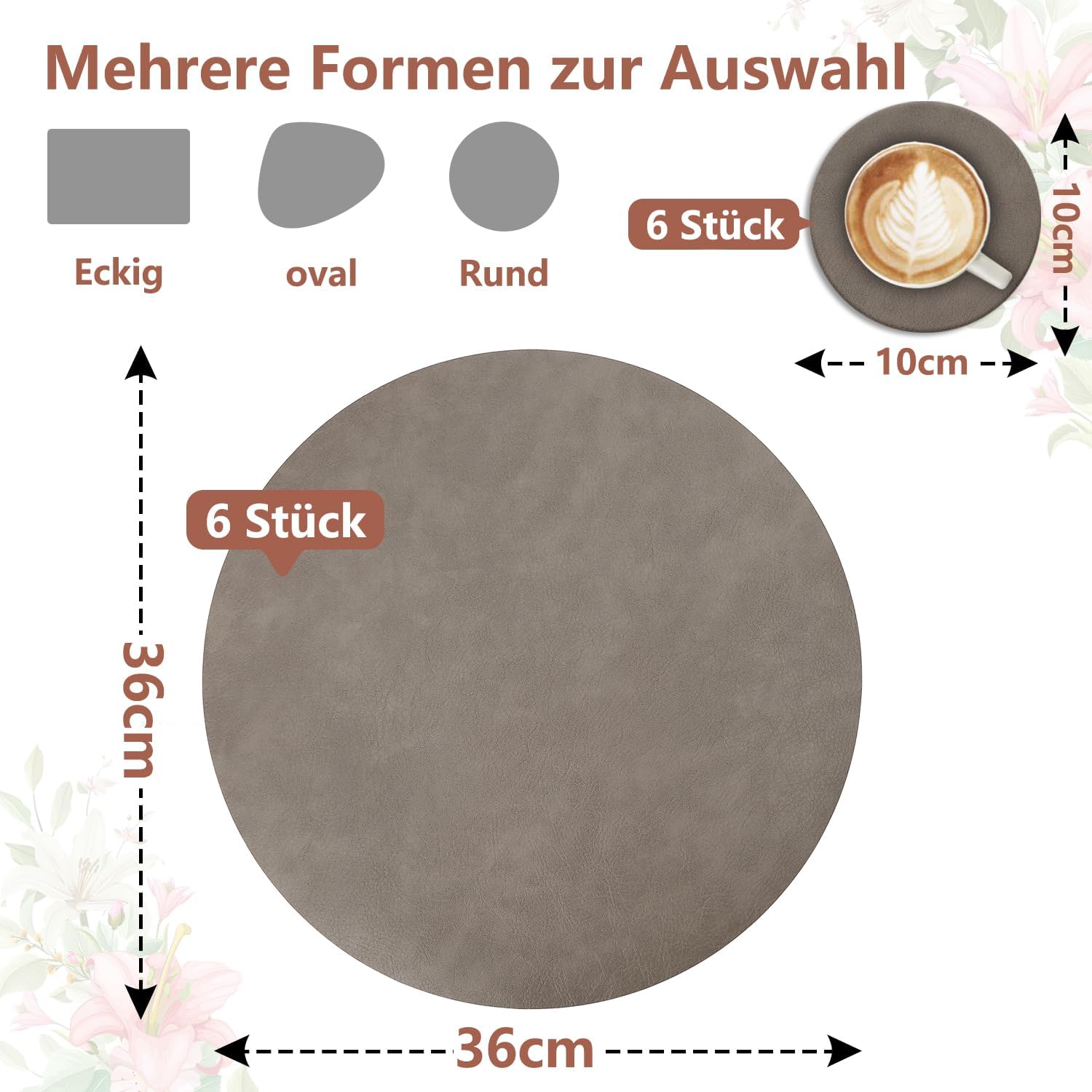 Set de table - cuir PU double face - 36x36cm - lavable, antidérapant, lot de 6