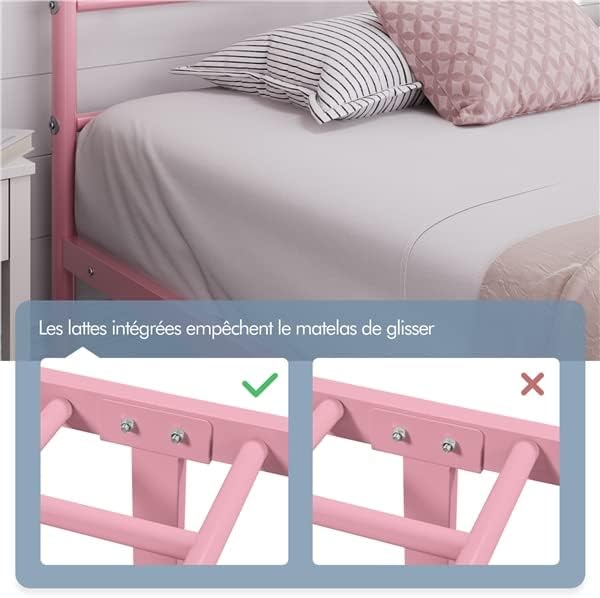 Yaheetech - lit simple métal 90x200 cm, montage facile, rose