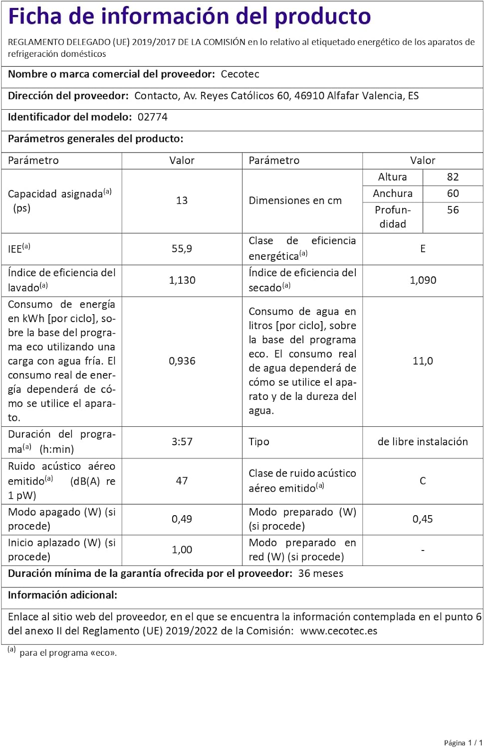 Cecotec - Bolero Aguazero 6100 - 60cm - 13 couverts, 6 programmes, Dry+, demi-charge, départ différé