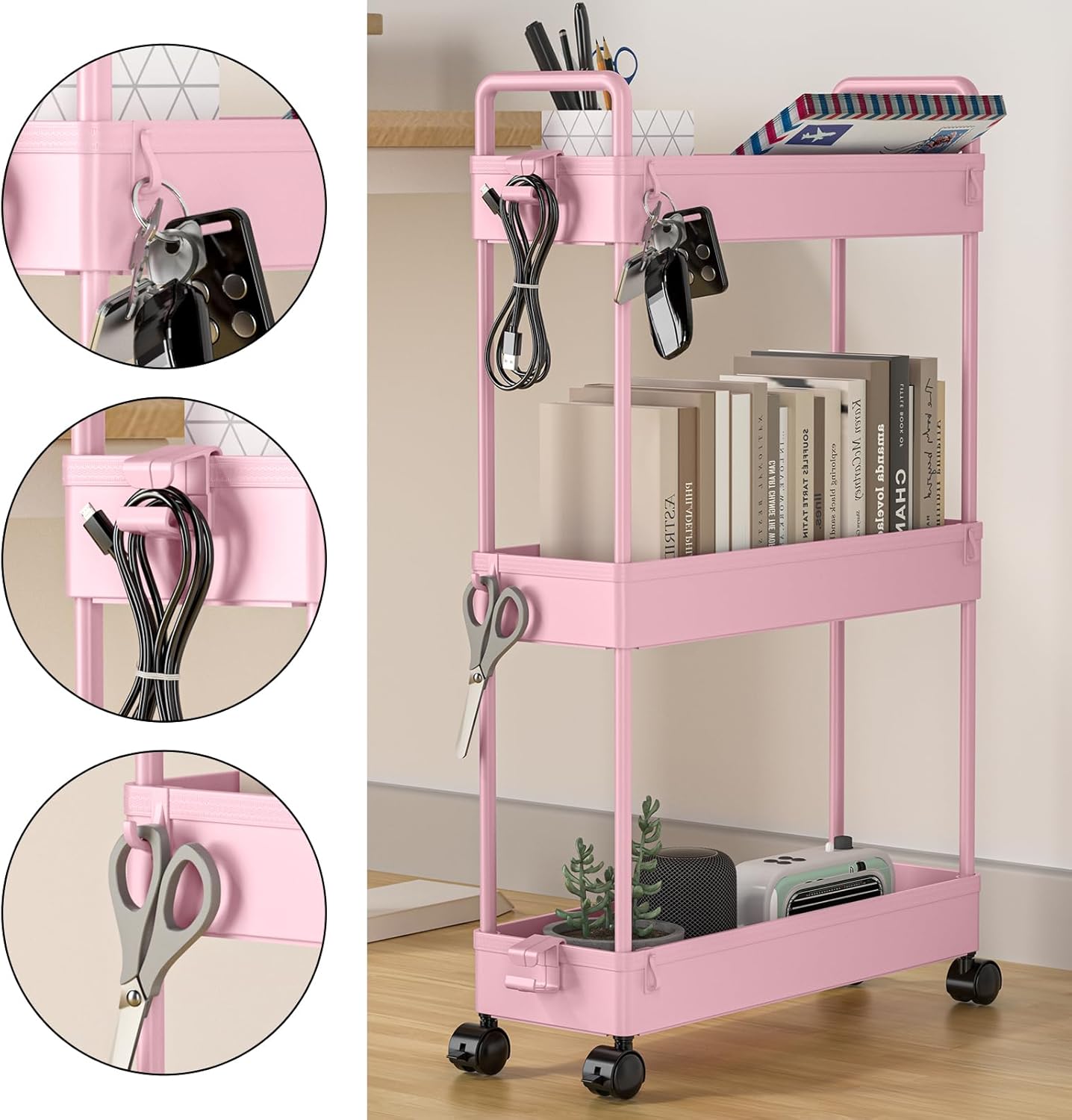 SOLEJAZZ - chariot de rangement 3 niveaux, plastique, cuisine/bain, rose