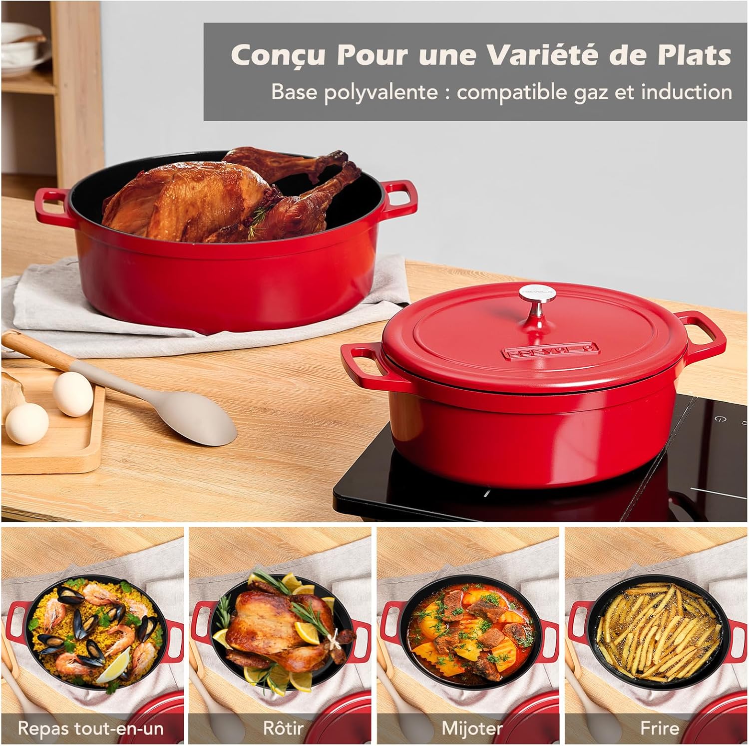 Cocotte fonte ovale 38cm, 11L, fonte alu, revêtement céramique, rouge