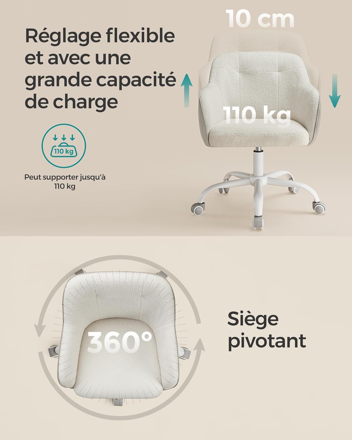 SONGMICS - chaise de bureau ergonomique, hauteur réglable, tissu respirant, acier, beige cappuccino, 110kg - OBG019W01