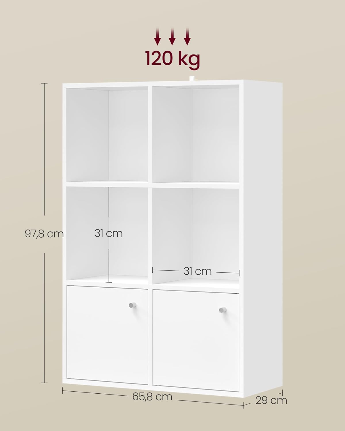 VASAGLE - bibliothèque 3 niveaux, 2 placards, 29x65,8x97,8 cm, LBC506WB01