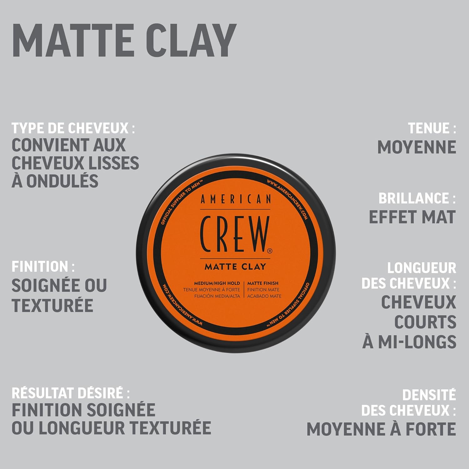 American Crew - Matte Clay - 85g - Fixation forte, fini mat, tous cheveux
