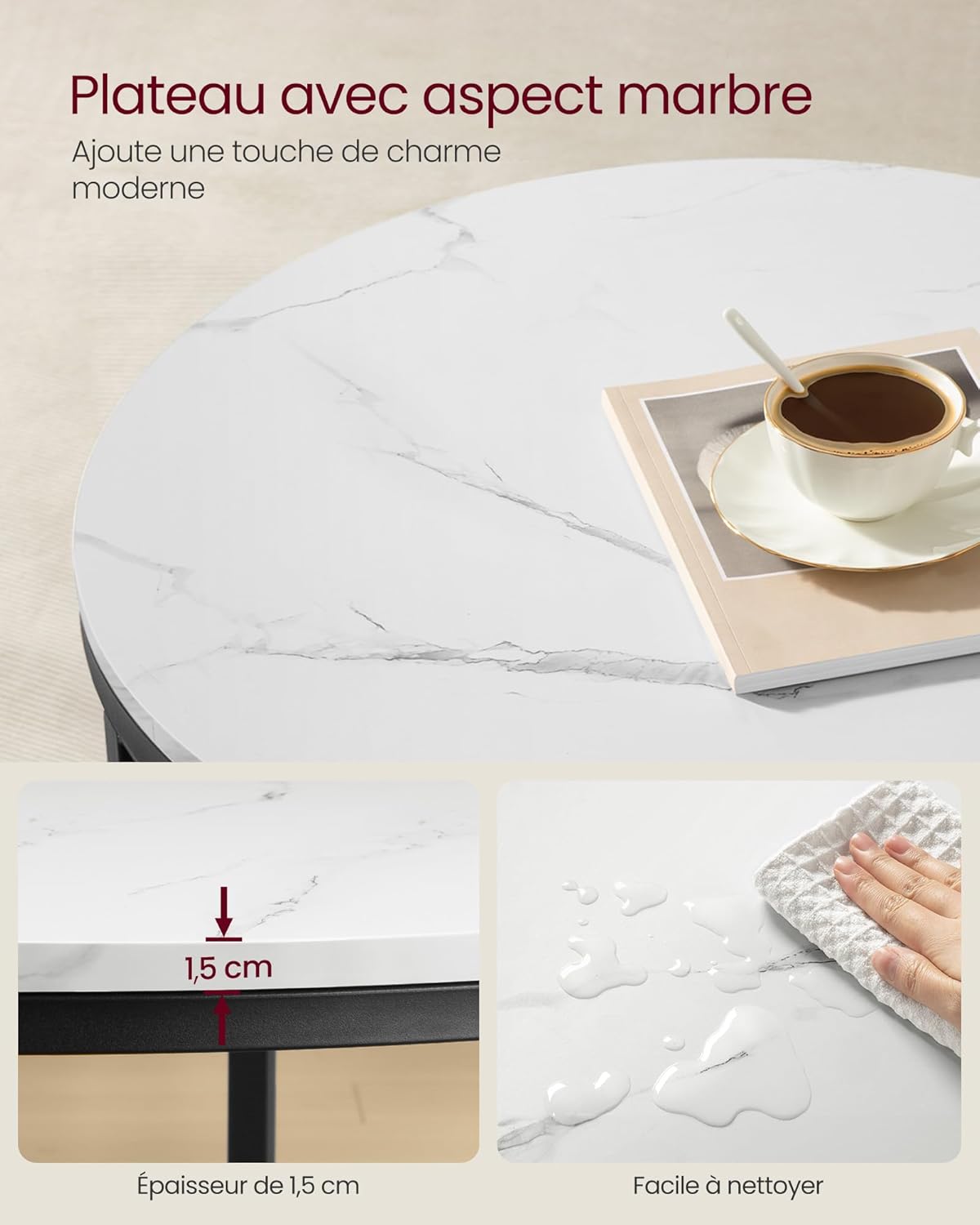 VASAGLE - table basse marbre/verre trempé, facile à assembler, LCT072W13