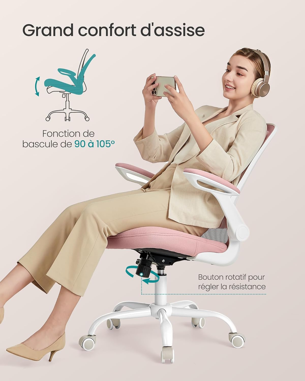 SONGMICS - chaise de bureau - 53 cm - ergonomique, maille, accoudoirs rabattables, support lombaire, OBN037R01