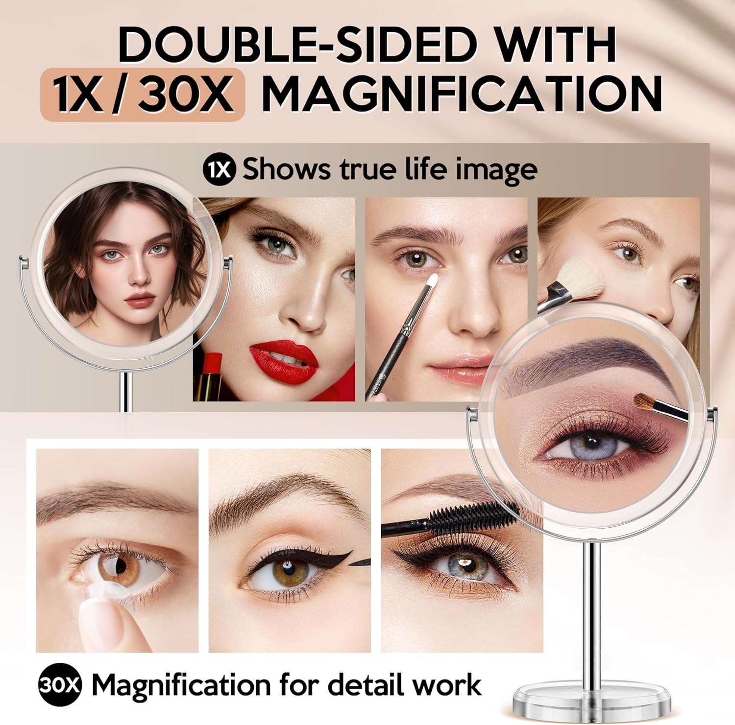 Miroir grossissant sur pied - double face 30x/1x - idéal chambre salle de bain