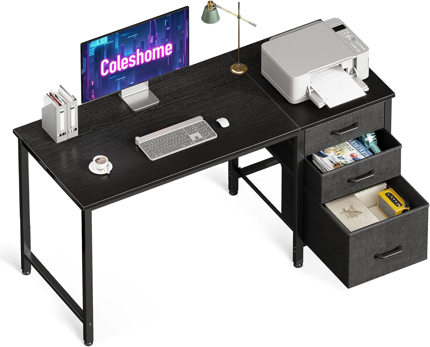 Coleshome - Bureau 120x48cm - 3 tiroirs tissu, porte-casque, réversible