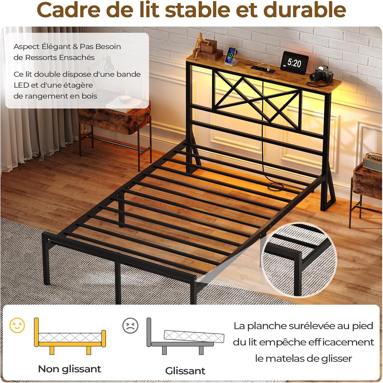 DICTAC - Lit métal LED, 90x200 cm, tête LED, ports USB, rangement