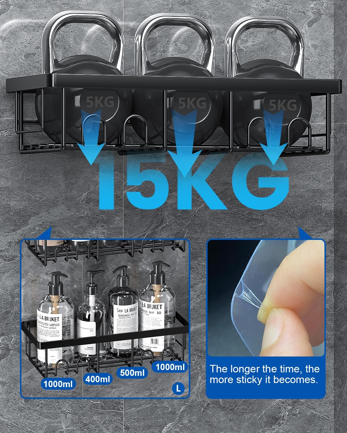 AceMining - lot de 4 étagères salle de bain, sans perçage, noir