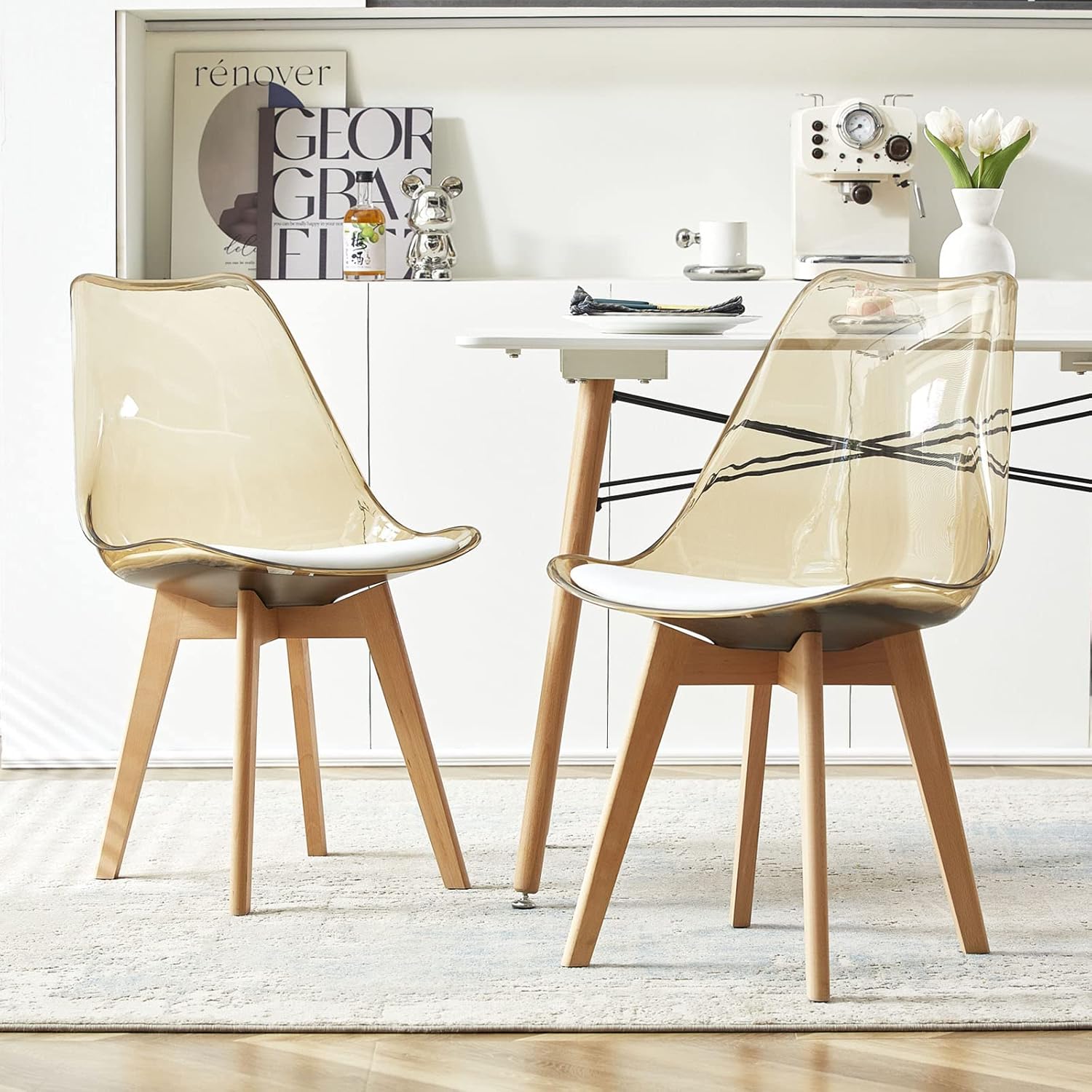 EGGREE - chaises scandinaves 8 pièces - hêtre, cuir blanc, dossier transparent, testées SGS