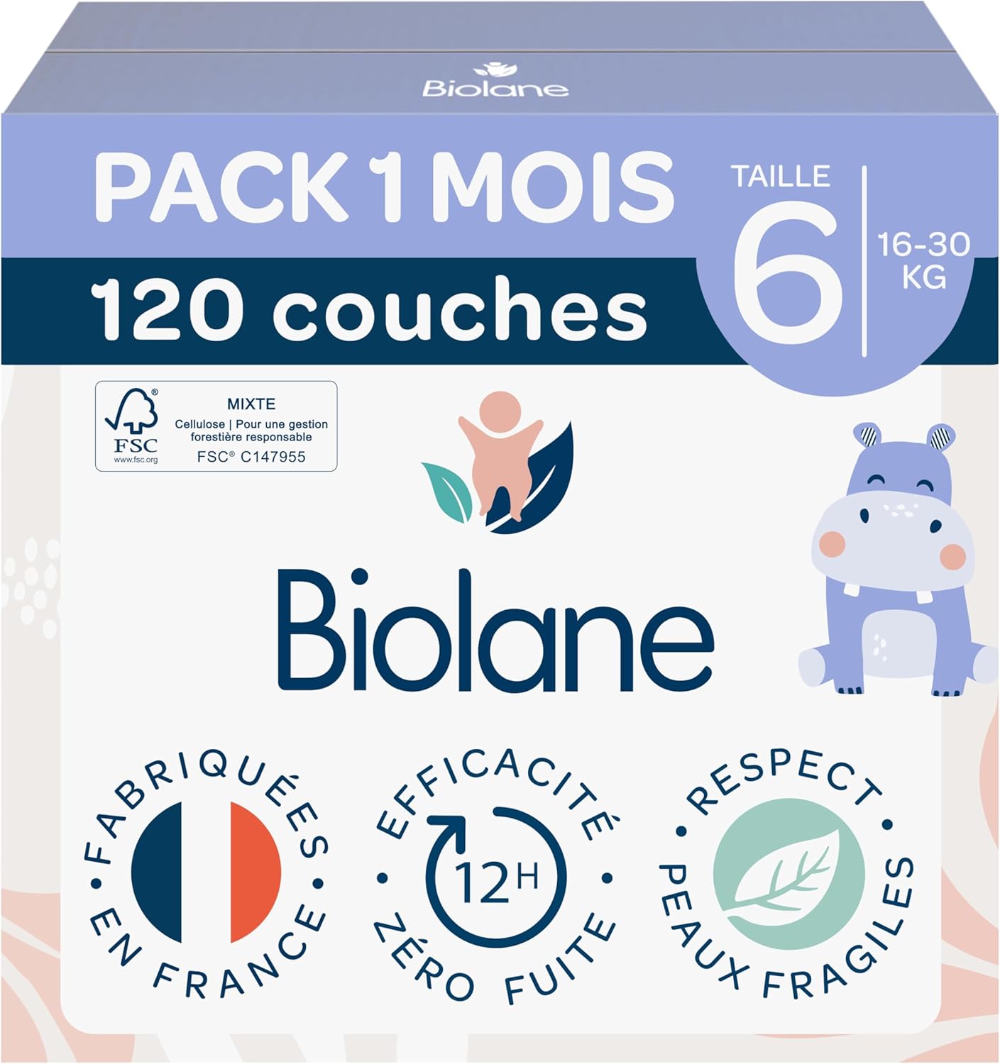 Biolane - Couches bébé Taille 6 - 16kg+ - Ultra absorbantes, 12h au sec, pack 1 mois, 120 couches