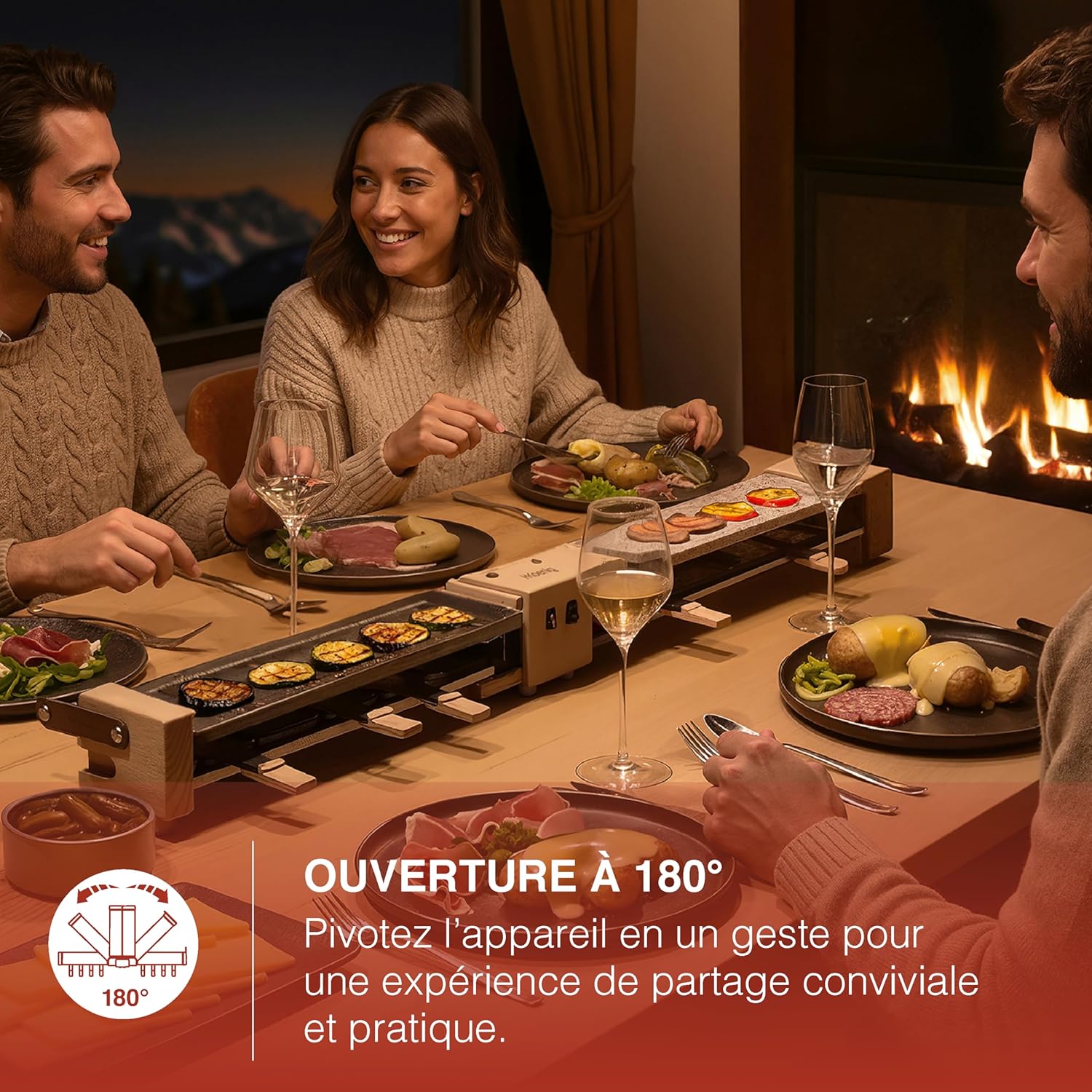 H.Koenig - raclette/fondue 8 pers - granit/bois - socle 180°, WOD360