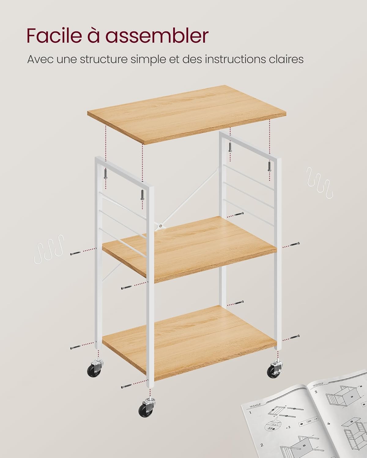 VASAGLE - étagère cuisine à roulettes, 40x60x89 cm, 3 niveaux, KKS060Y09