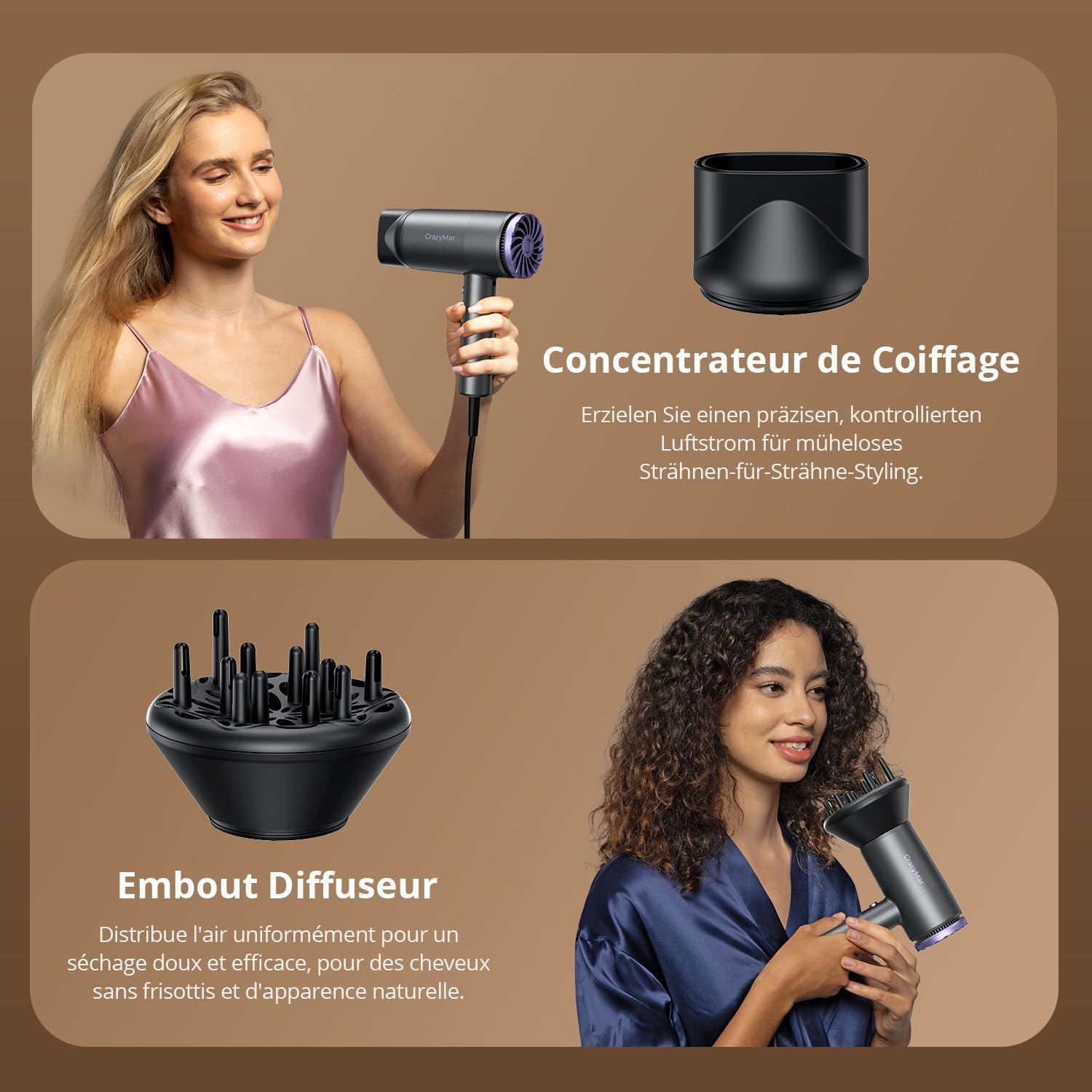 Sèche-cheveux professionnel - compact léger - ions négatifs, 3 vitesses, diffuseur - 350M