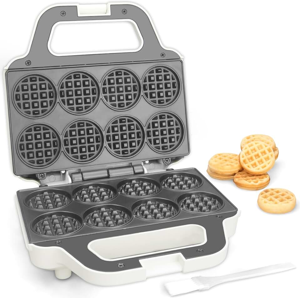 Mini Waffle Maker - petit gaufrier 8x5cm, compact, surface antiadhésive, recette incluse, blanc