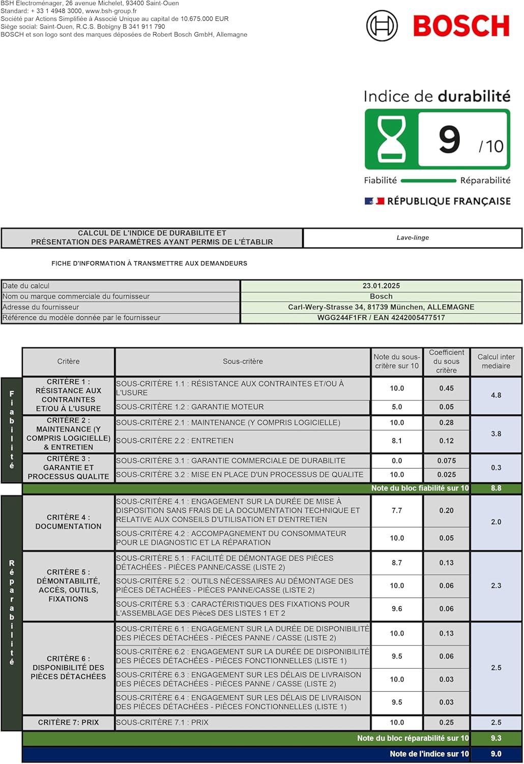 Bosch - Série 6 lave-linge 9kg 1400trs/min 60x85x60cm - WGG244F1FR