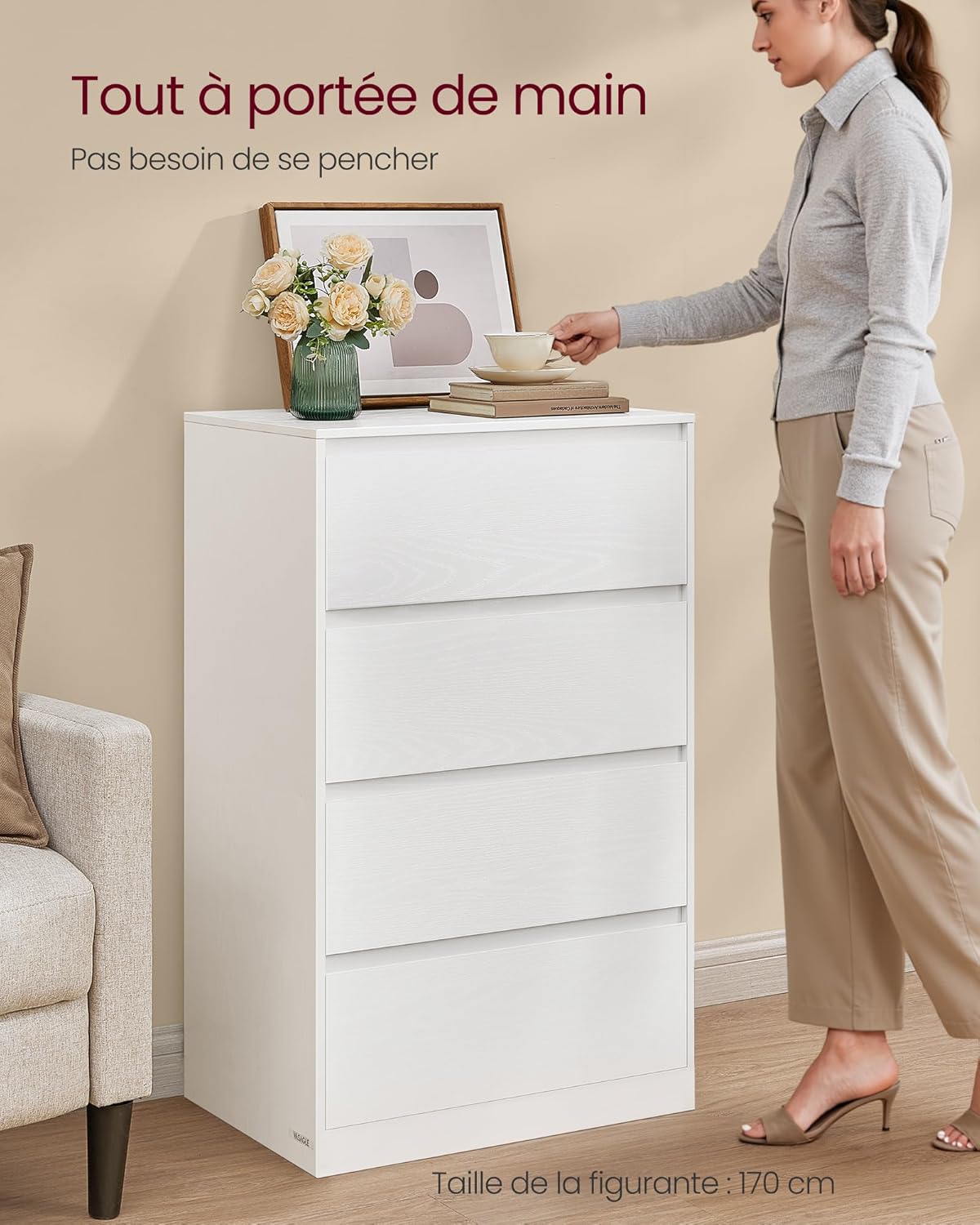 VASAGLE - Kailyn Collection - 40x60x97,4 cm - commode 4 tiroirs, blanc, style moderne LTS614WE02