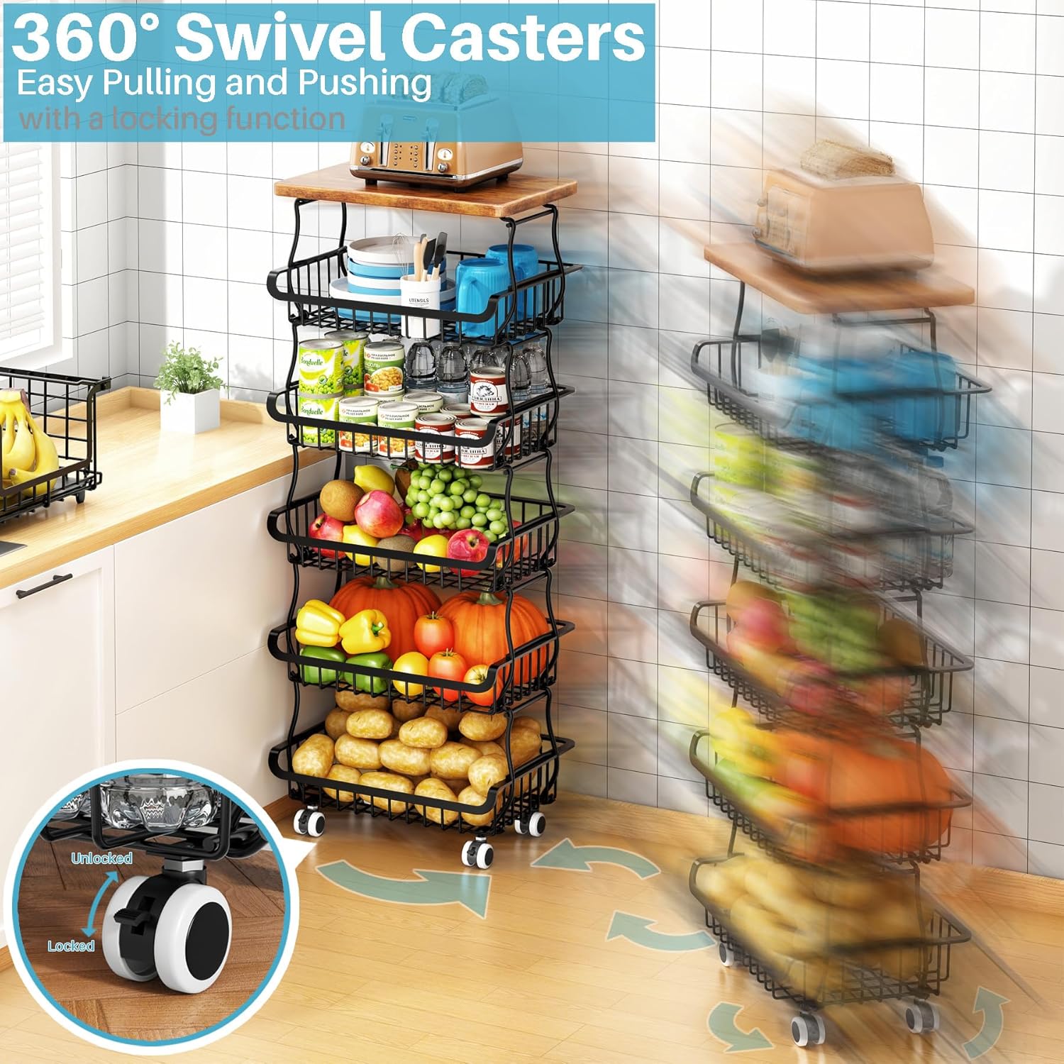 Organisateur de cellier - rangement 6 niveaux - empilable à roulettes, modulable 3+3 à 6+0 - pour cuisine et salle de ba