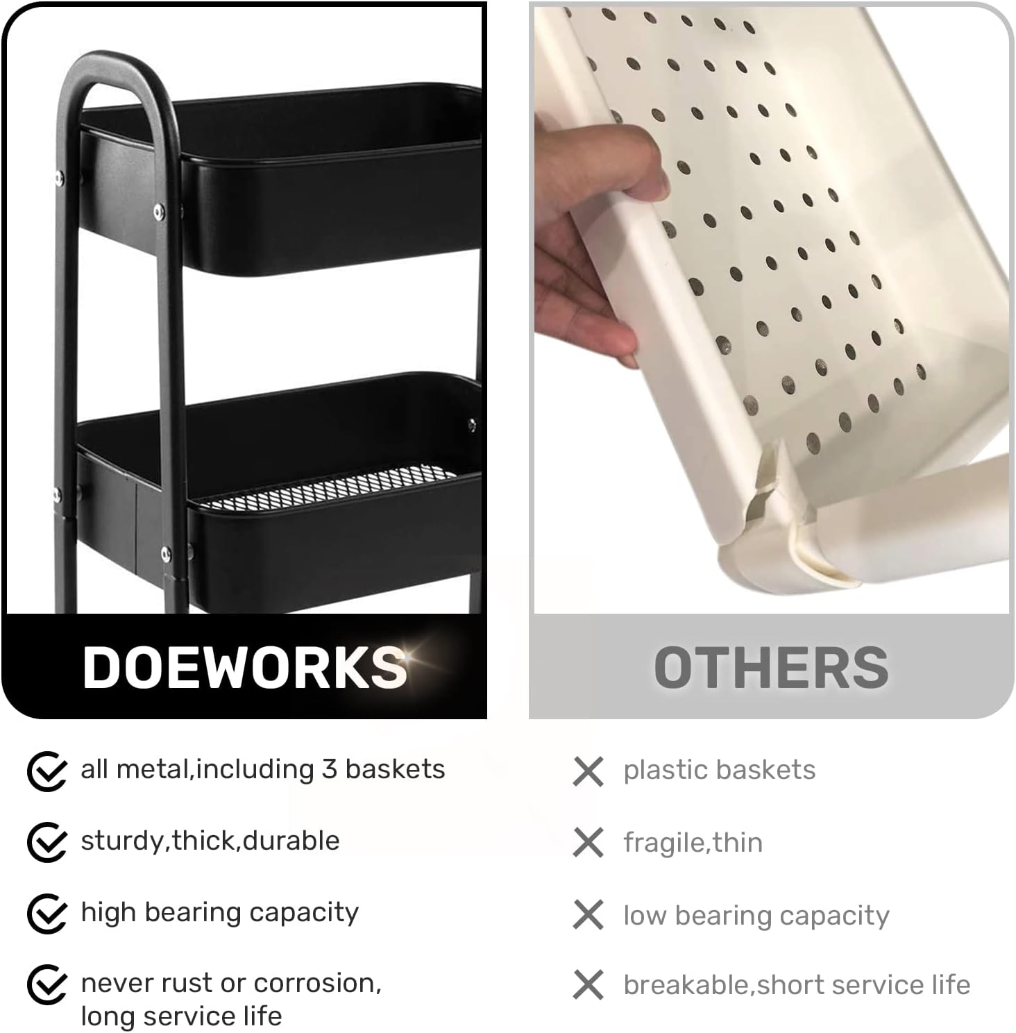 DOEWORKS - Chariot de rangement 3 niveaux métal, roulettes, noir