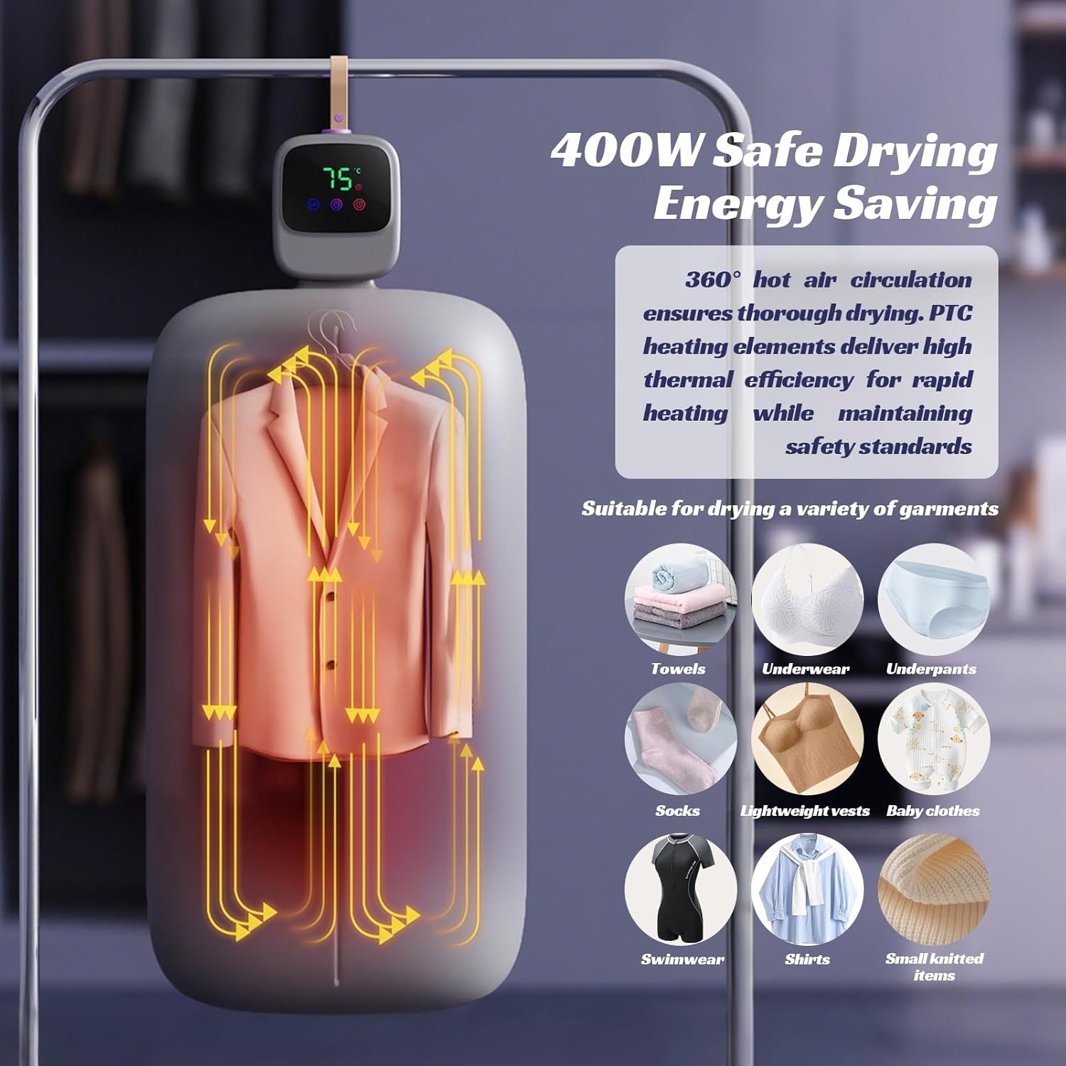 auvstar - Mini sèche-linge portable - 450W, UV, minuterie, télécommande