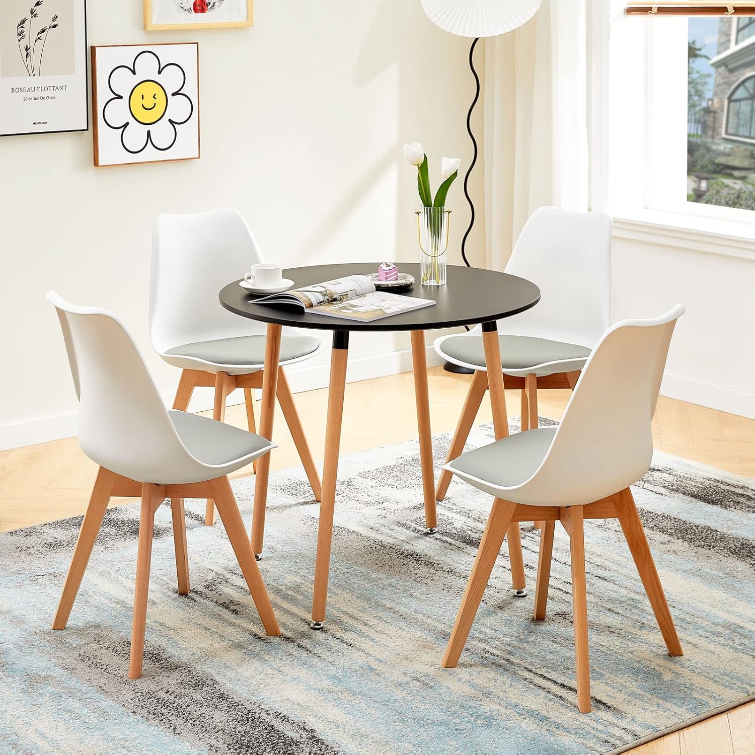 EGGREE - Lot de 4 chaises - bois hêtre, coussin PU, blanc/gris, design scandinave