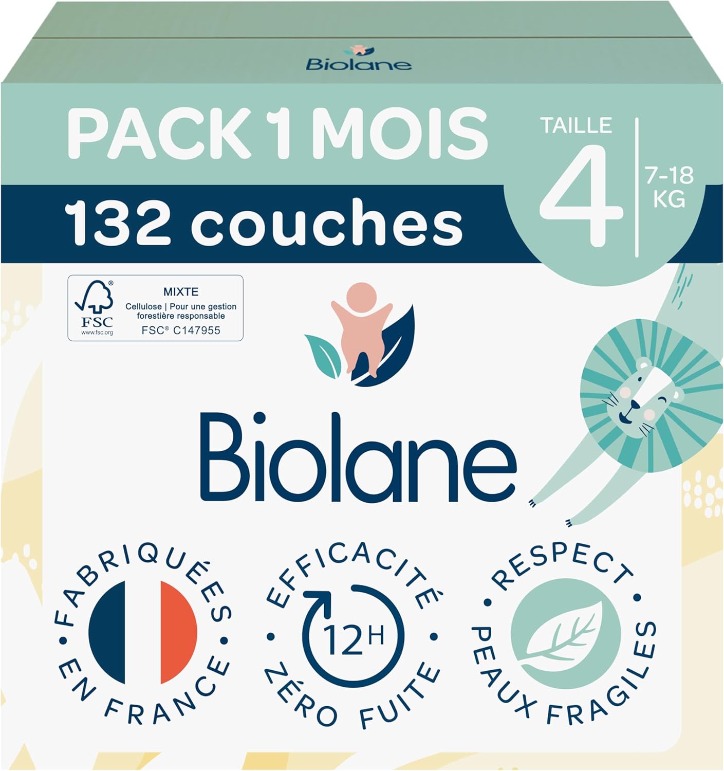Biolane - Couches bébé taille 4 (7-18 kg) - Ultra absorbantes, confort, 12h au sec, pack 132