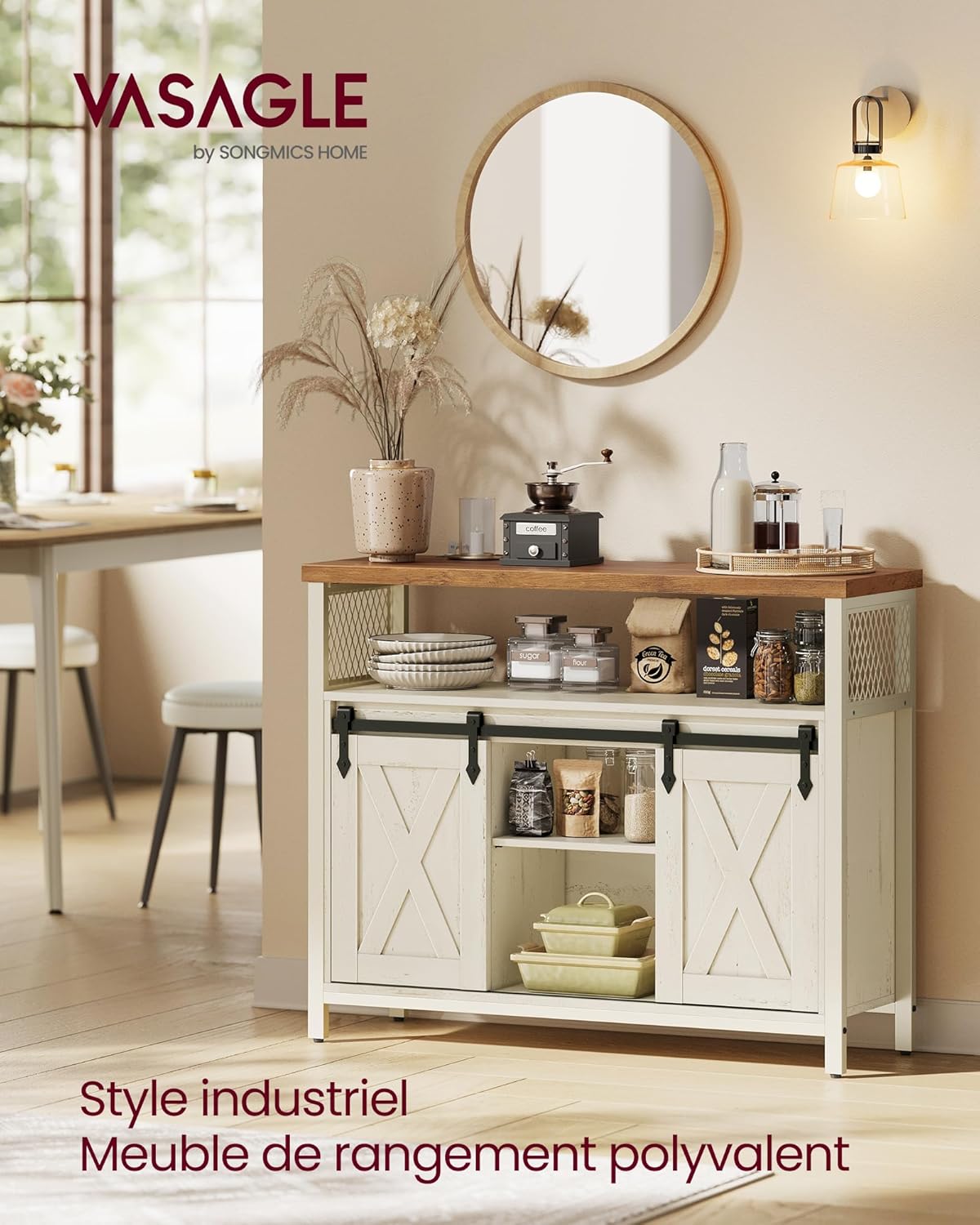 VASAGLE - Buffet cuisine rustique, 100x33x80cm, 2 portes coulissantes, LSC092W01