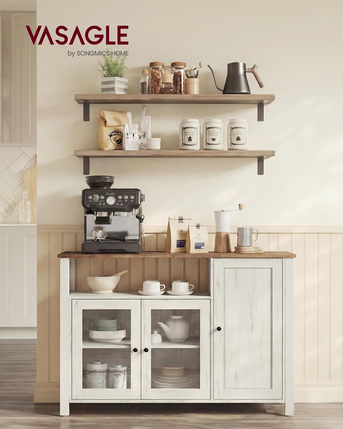 VASAGLE - Buffet série rustique - 33x110x75 cm - 3 portes, marron miel, blanc rustique - LSC096WJ02