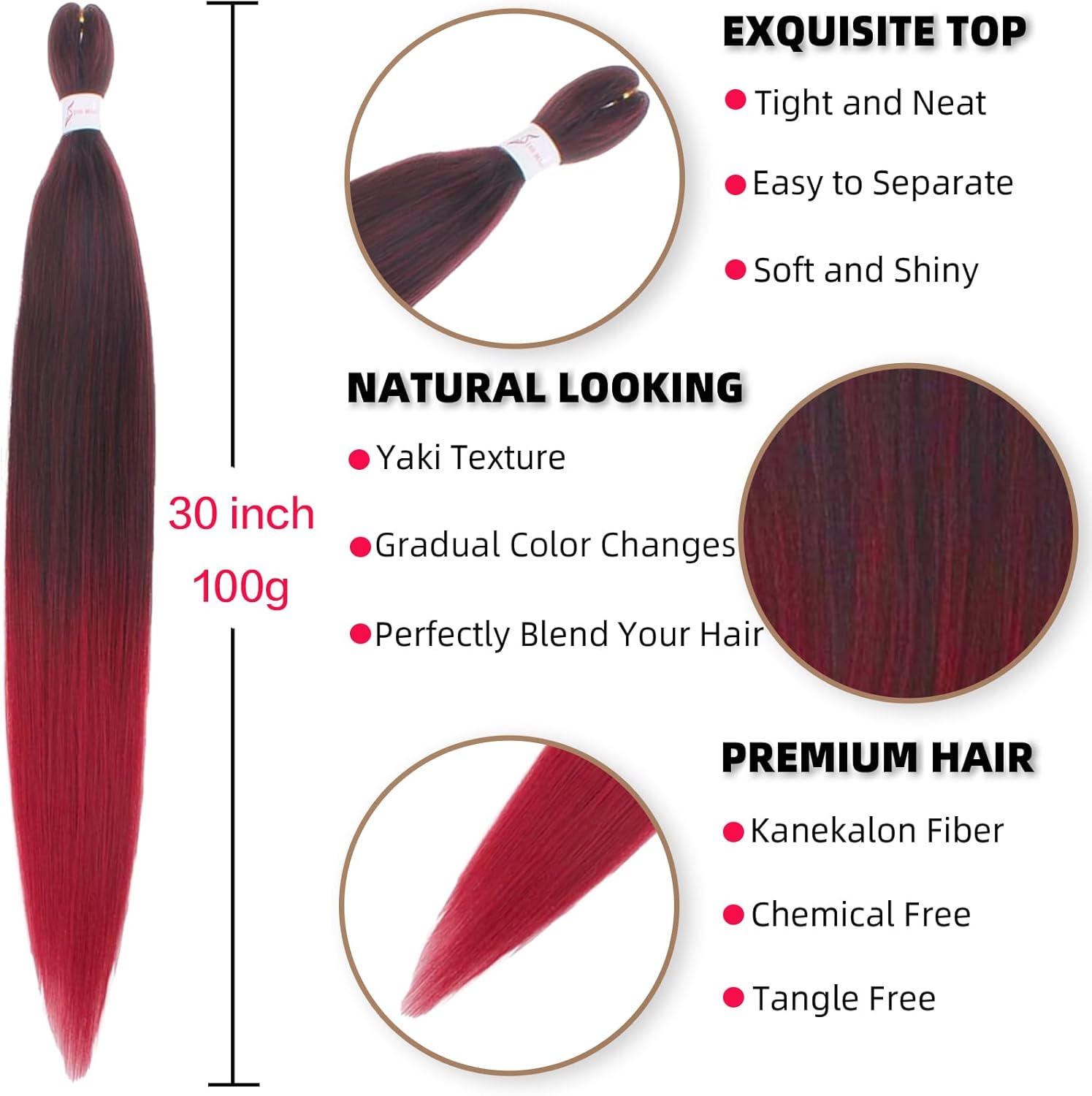 Rajout Cheveux Tressés - synthétiques 30 pouces - ombré rouge/noir, pré-étirés, 6 paquets, tresses africaines - T1B/900#
