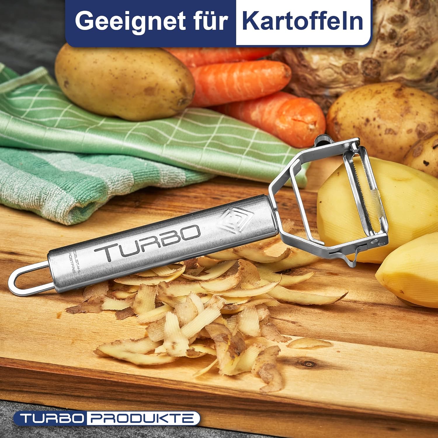 Turbo Produkte - Éplucheur inox 3en1 - ambidextre, lame pendulaire