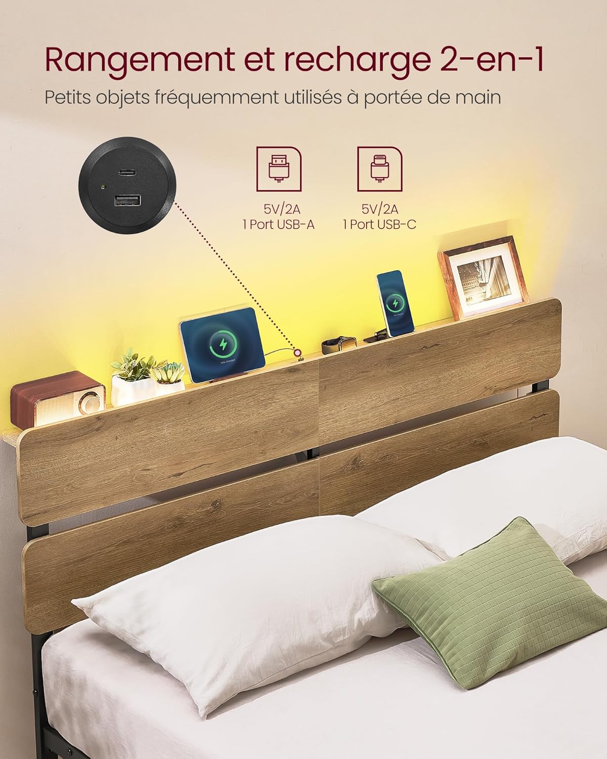 VASAGLE - Cadre de lit industriel - 140x190 cm - LED, USB/Type-C, rangement - RMB103K01