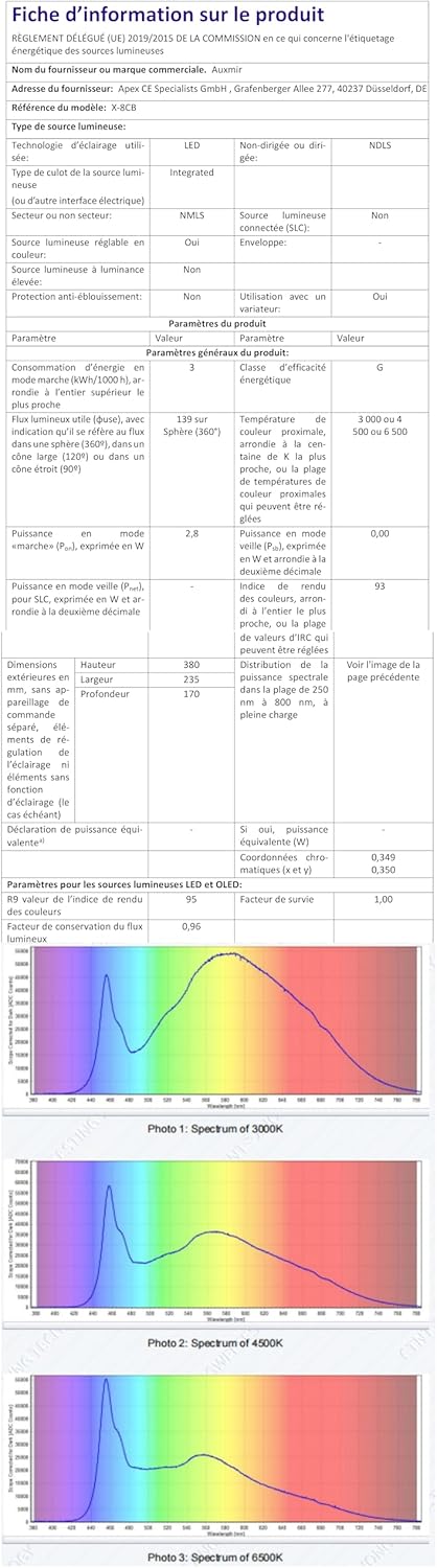 Auxmir - miroir mural LED, x20/1x, USB, 3 couleurs, tactile, 360°