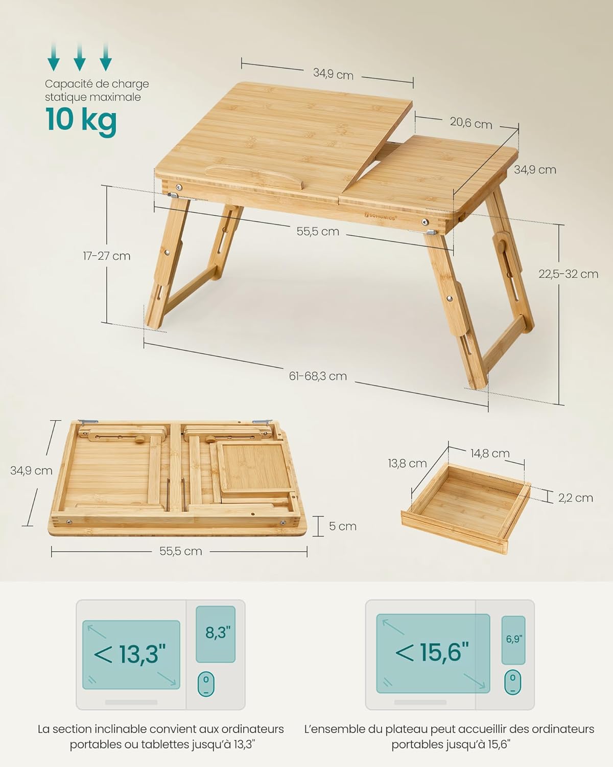 SONGMICS - table de lit réglable, bambou, 15,6