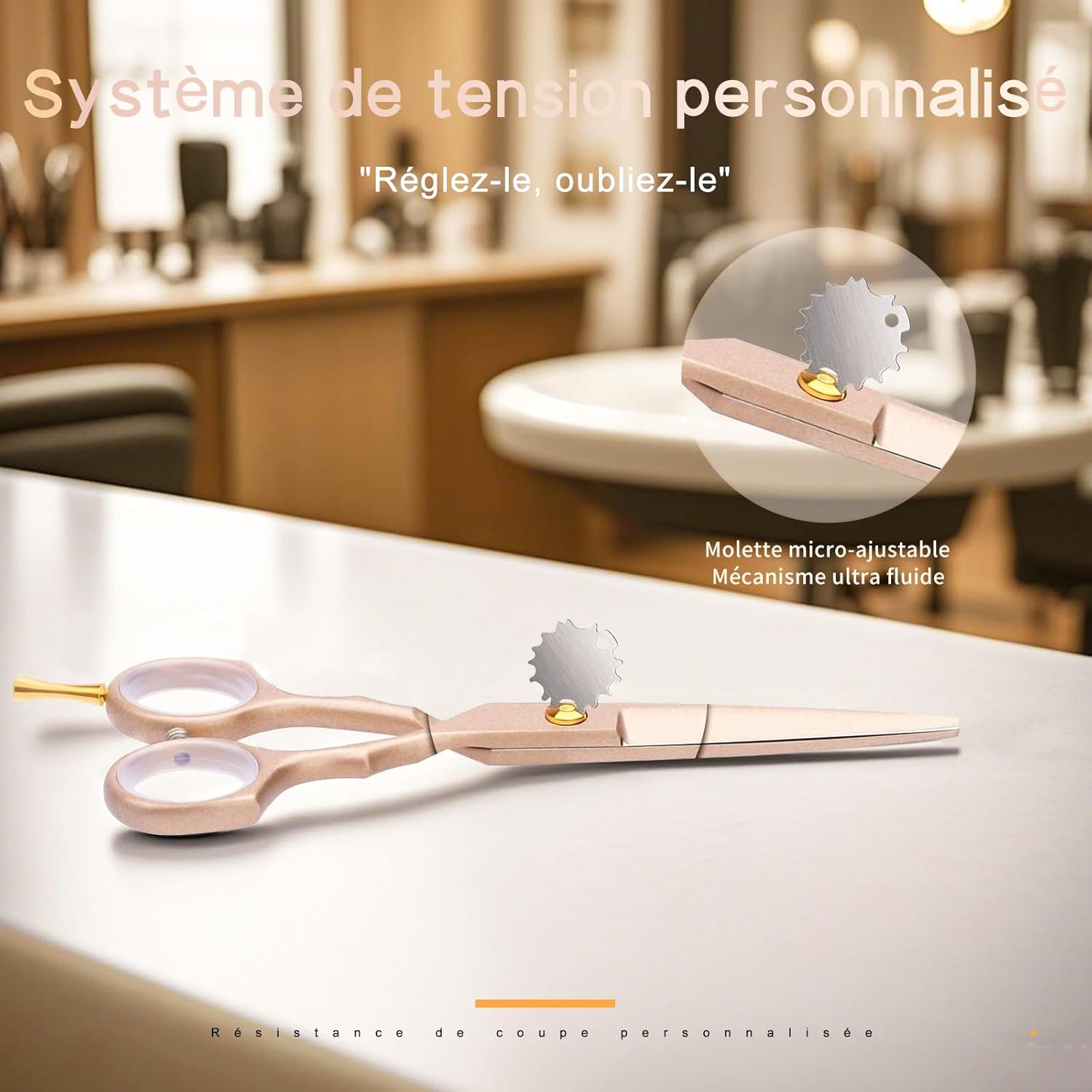 Kit de Ciseaux de Coiffure - 5,5 pouces - inox, peigne acier, or rose, pour cheveux, frange, barbe