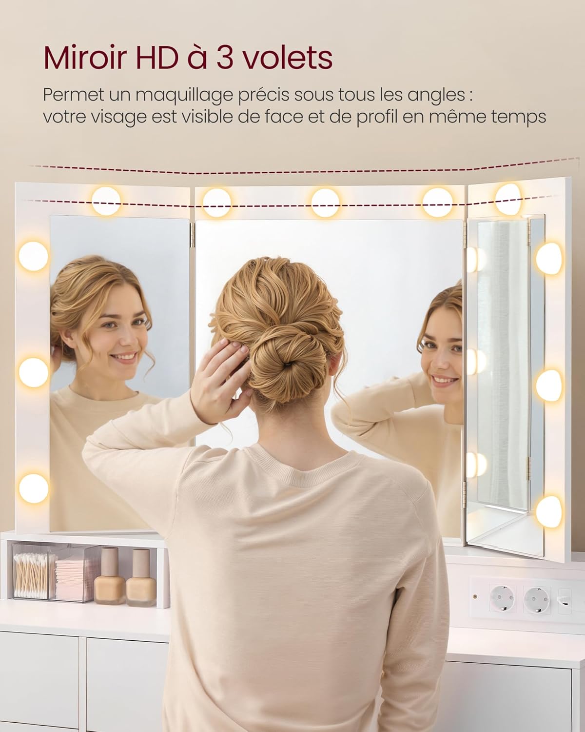 VASAGLE - KAILYN collection - coiffeuse 3 miroirs, 9 tiroirs, multiprise, éclairage LED, blanc - RDT146WB01