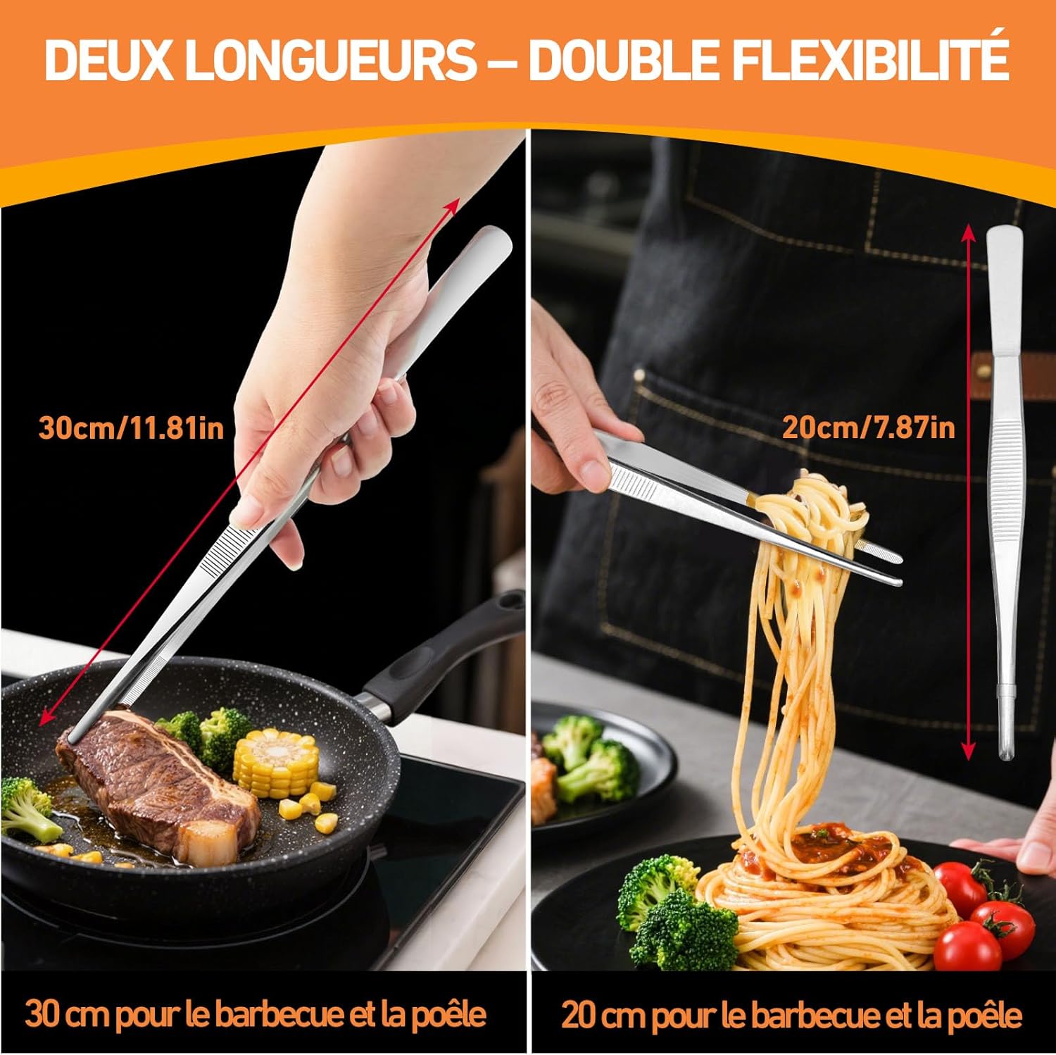Pince Cuisine - lot de 2, inox, 30cm et 20cm, cuisson et grill
