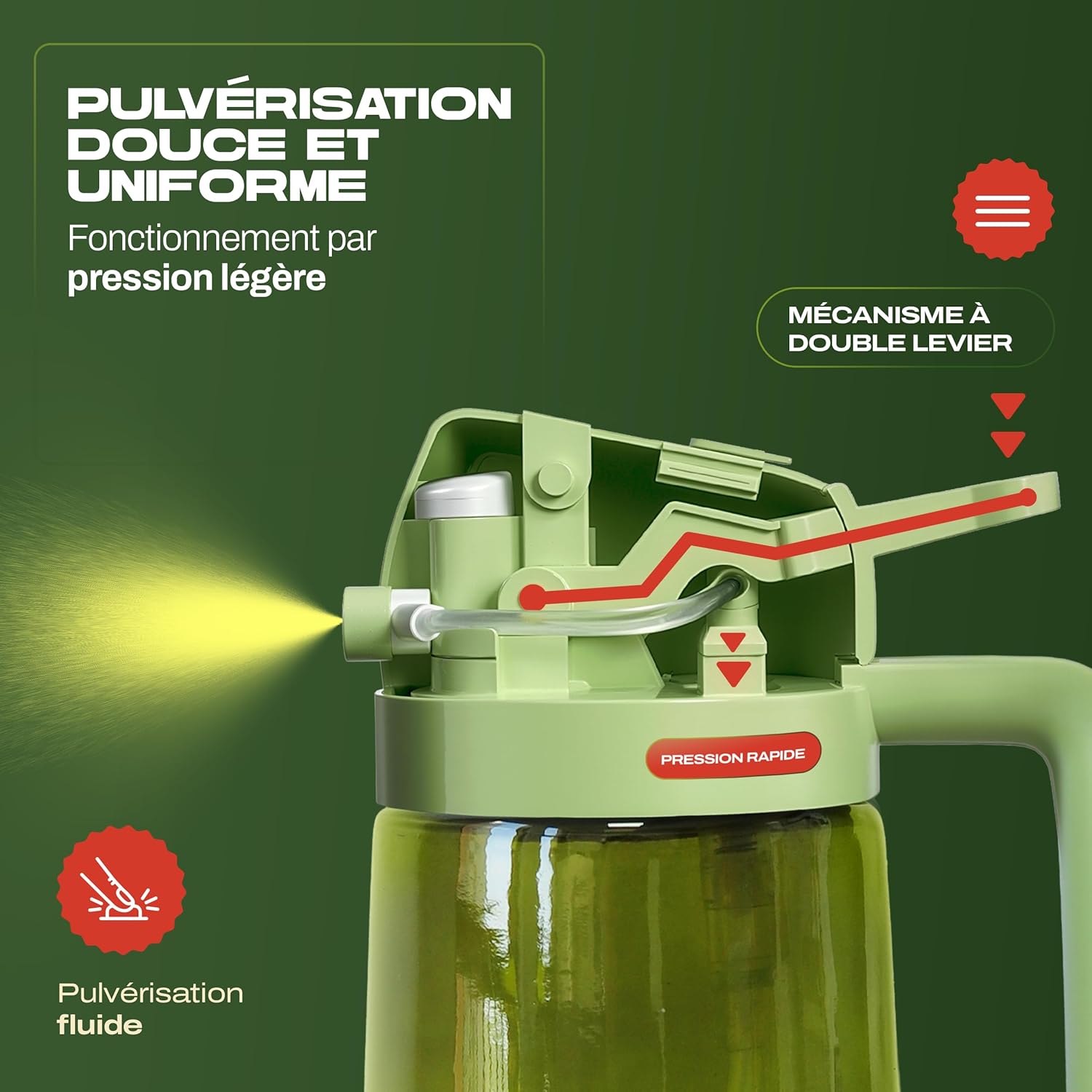 PORTENTUM - Spray huile cuisine 2en1, 470ml, verre vert, étiquettes multilingues