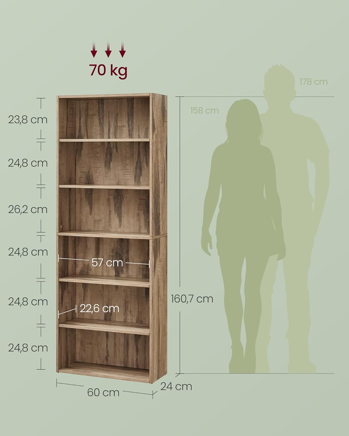 VASAGLE - étagère 6 niveaux - 24x60x160,7cm - rangement ouvert LBC166T50