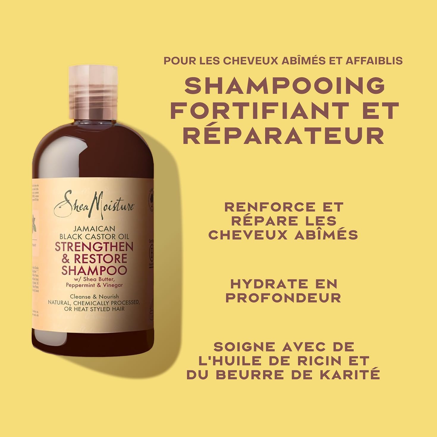 SheaMoisture - Strengthen & Restore - 384ml - cheveux abîmés, ricin noir, karité, hydratation intense