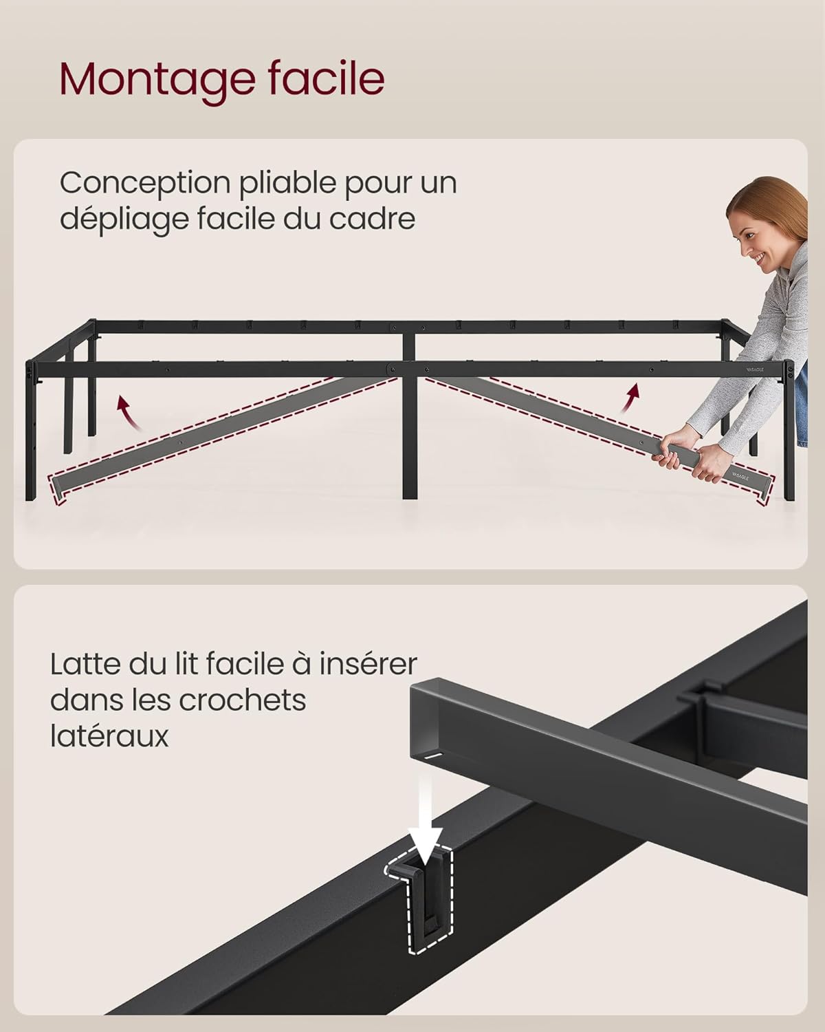 VASAGLE - cadre de lit moderne 160x200 cm, métal, rangement sous le lit, RMB135B01