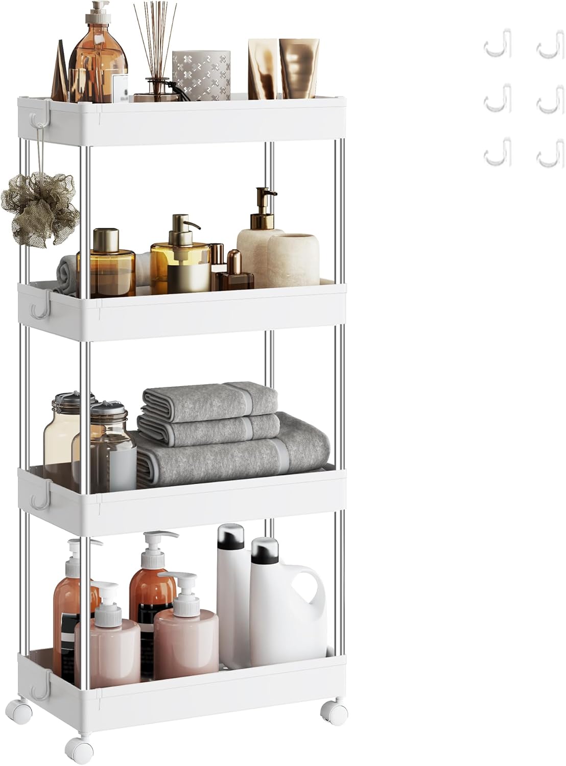 SONGMICS - chariot cuisine 4 niveaux, acier, 23,6x42x86cm, 6 crochets, KSC10WT