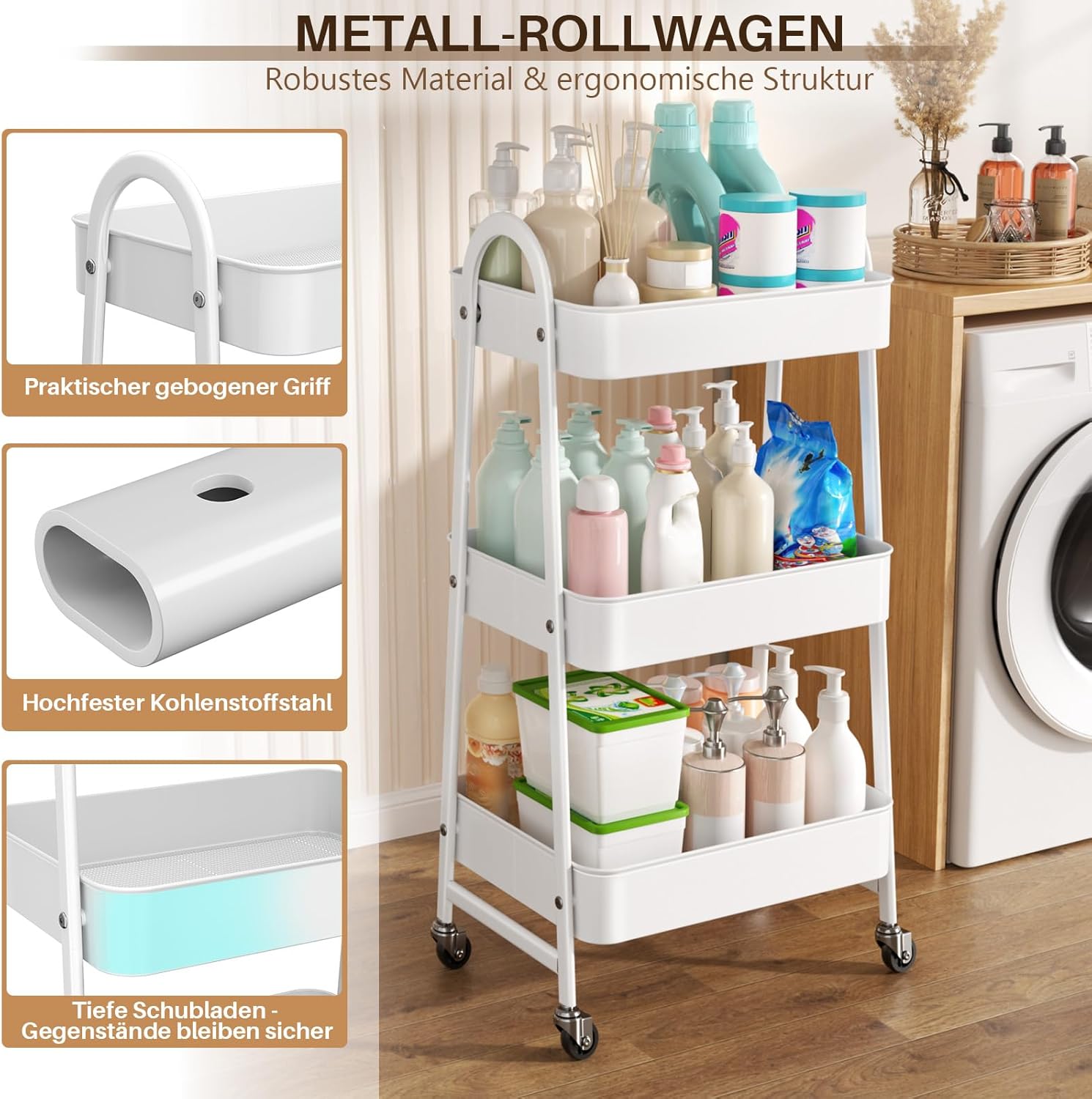 Chariot mobile 3 niveaux - métal, roulettes, 2 freins - blanc