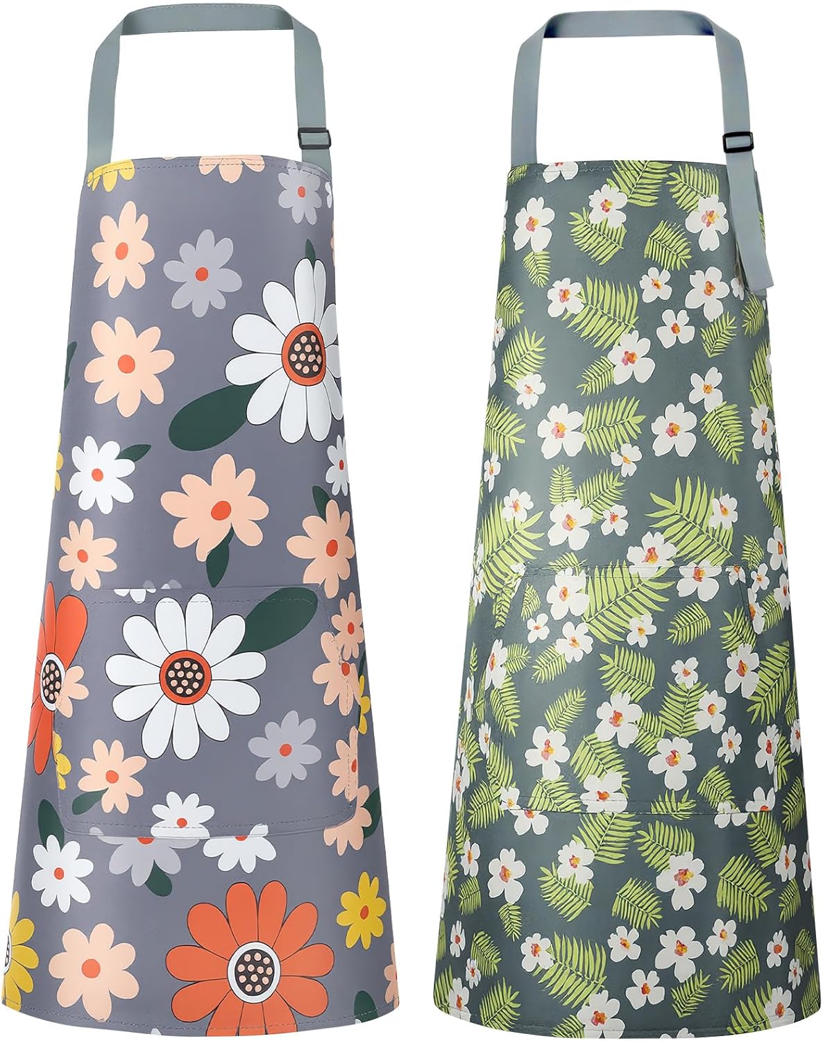 Vicloon - Tablier réglable à fleurs, étanche, avec poches, lot de 2