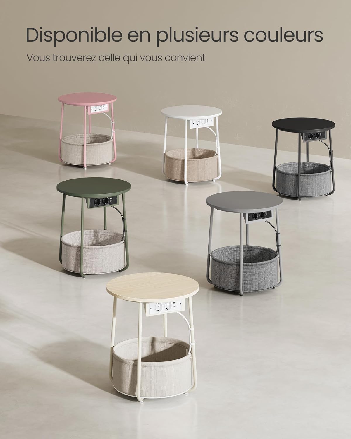 VASAGLE - Let228LL01 - table basse ronde, panier tissu, multiprise, design moderne, 50x45 cm