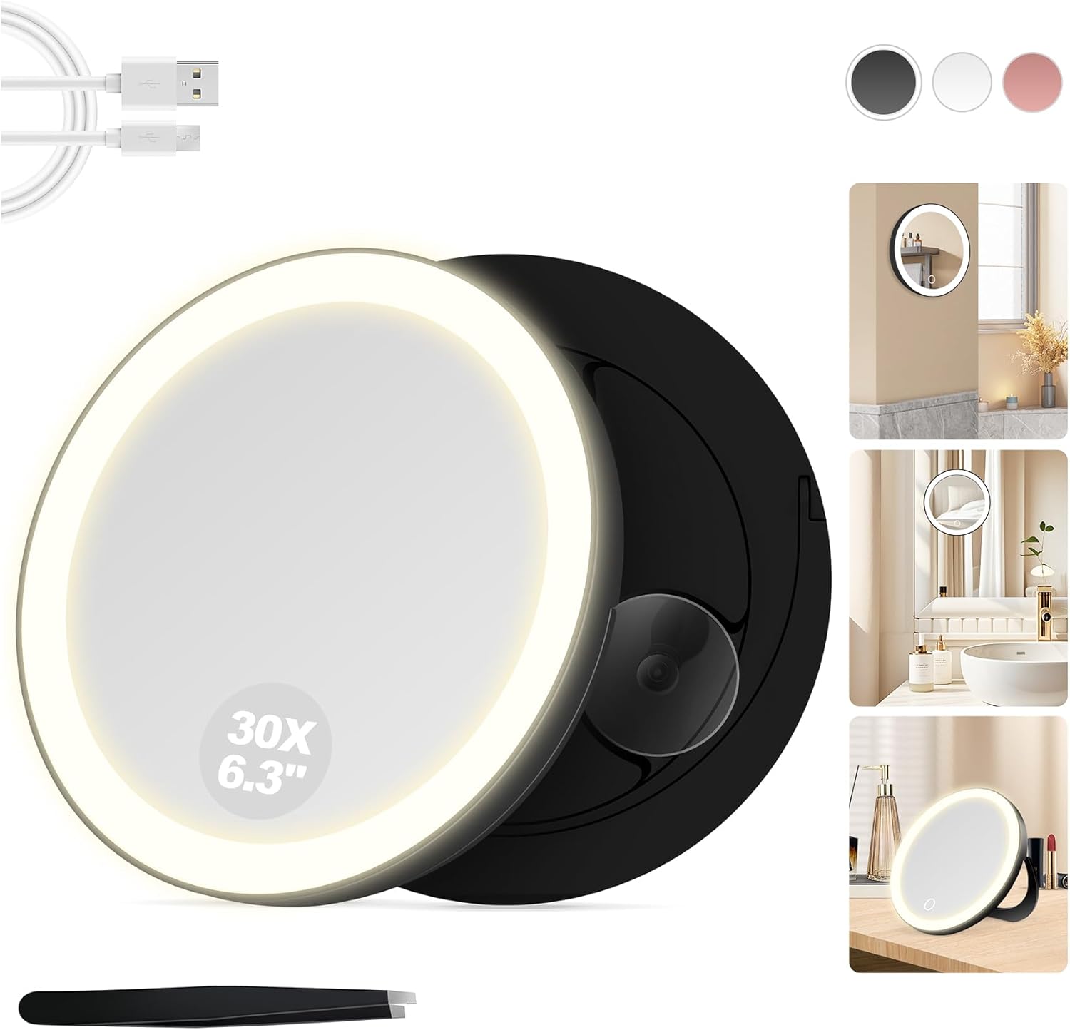 Miroir grossissant - 30x, ventouse, éclairage LED, intensité variable, noir