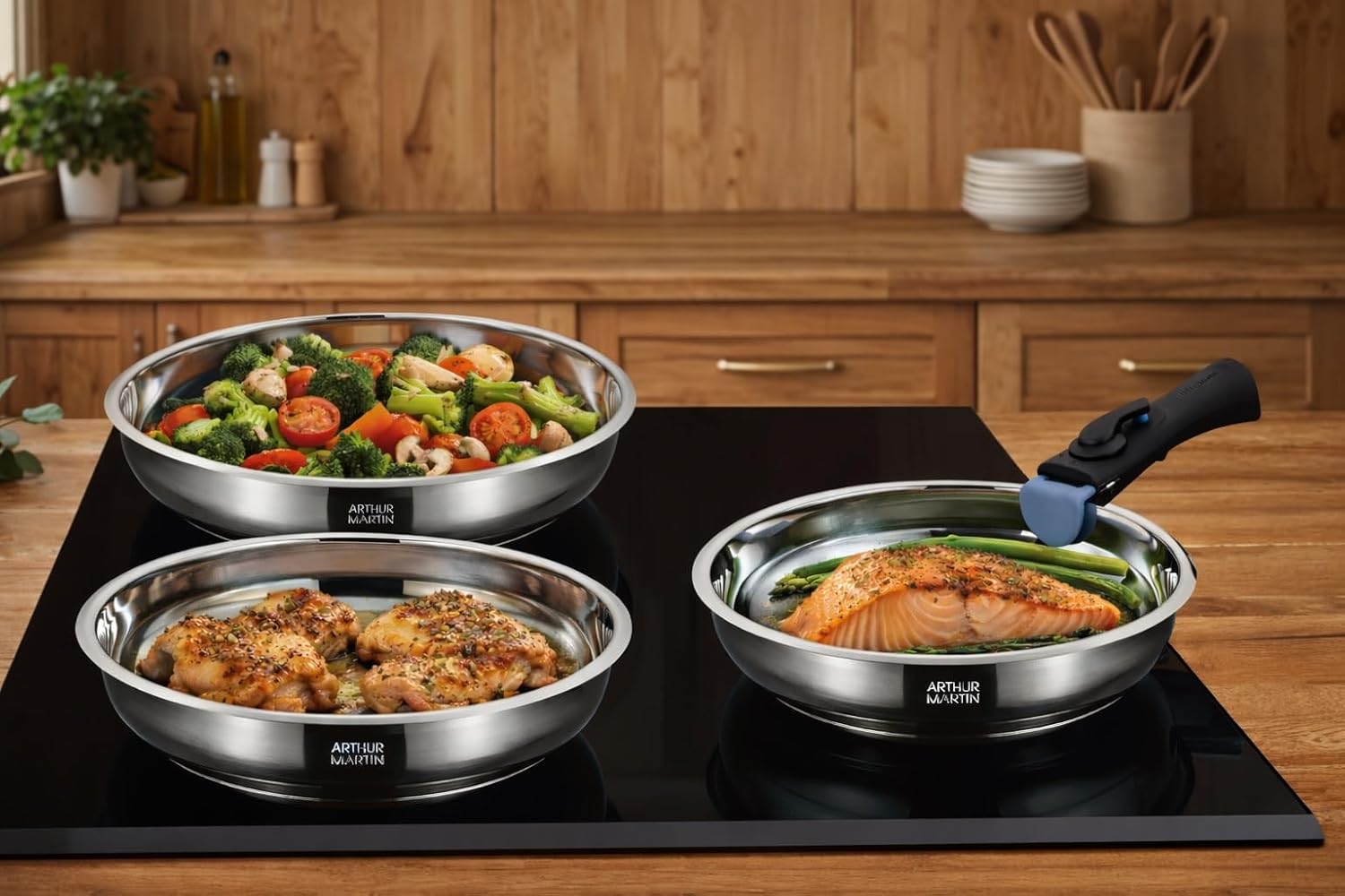 Arthur Martin - Set 3 poêles inox - poignées amovibles induction AM2208
