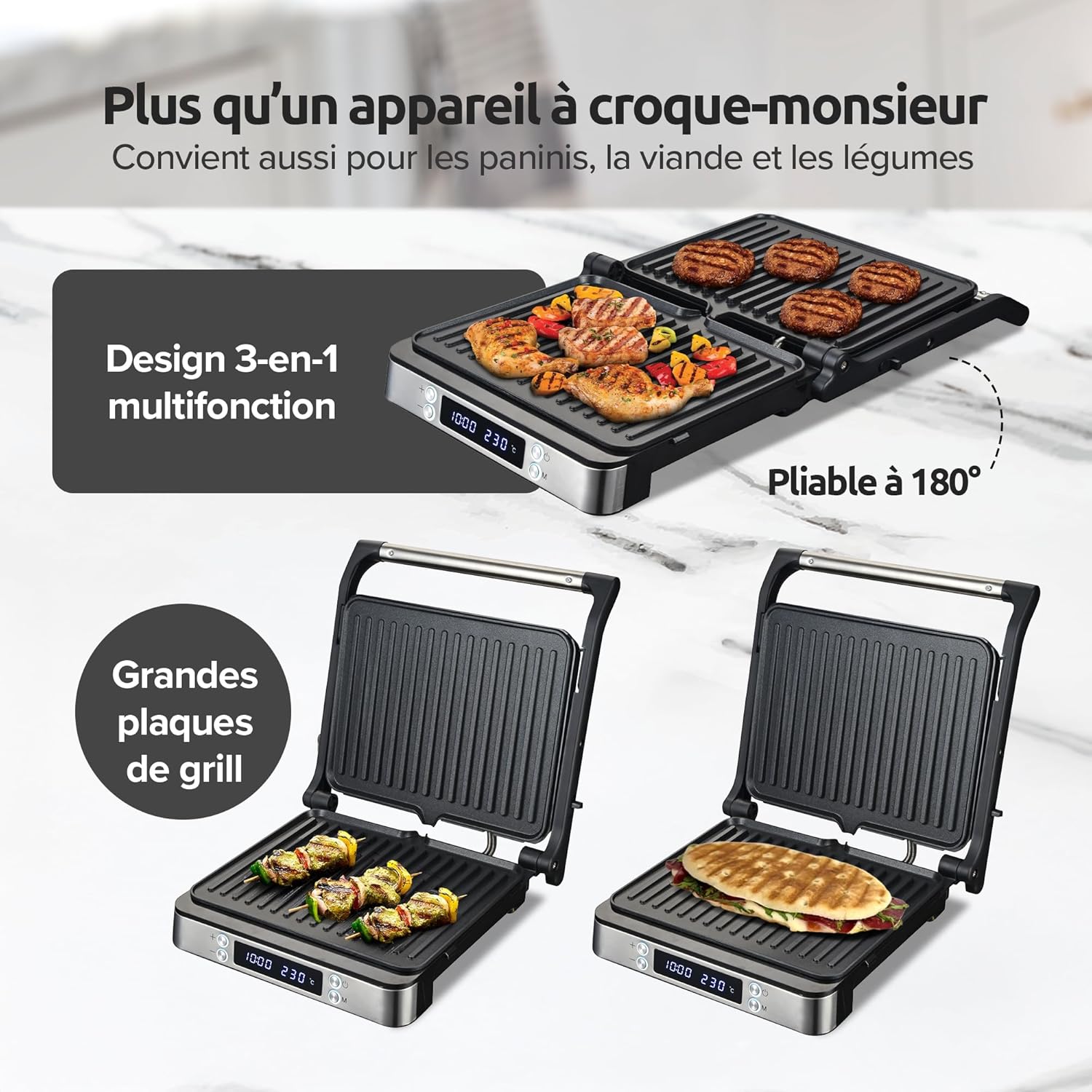 Olvy - Appareil à Croque-Monsieur 3-en-1, 2000W, plaques antiadhésives, ouverture 180°, température réglable, minuterie,