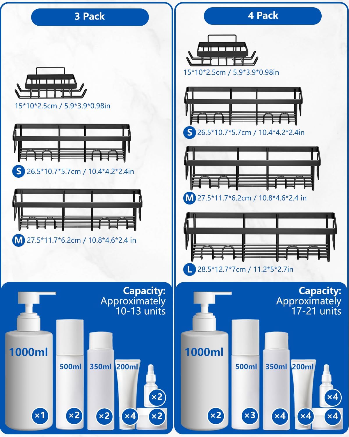 AceMining - lot de 4 étagères salle de bain, sans perçage, noir